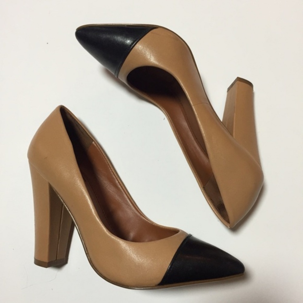 Zara Beige Tan Black Cap Toe Court Heels Pumps